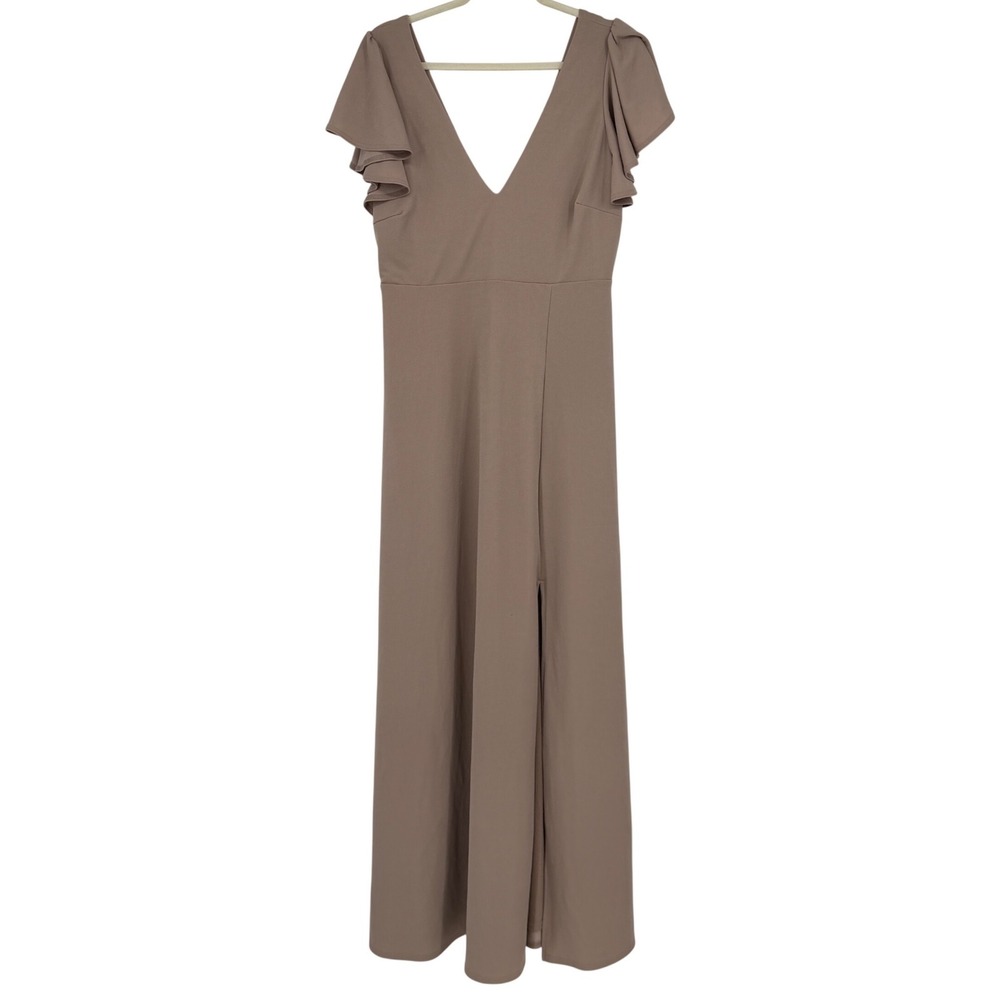Birdy Grey Hannah Flutter Sleeve Maxi Dress Taupe XL Crepe V-Neck Bridesmaid